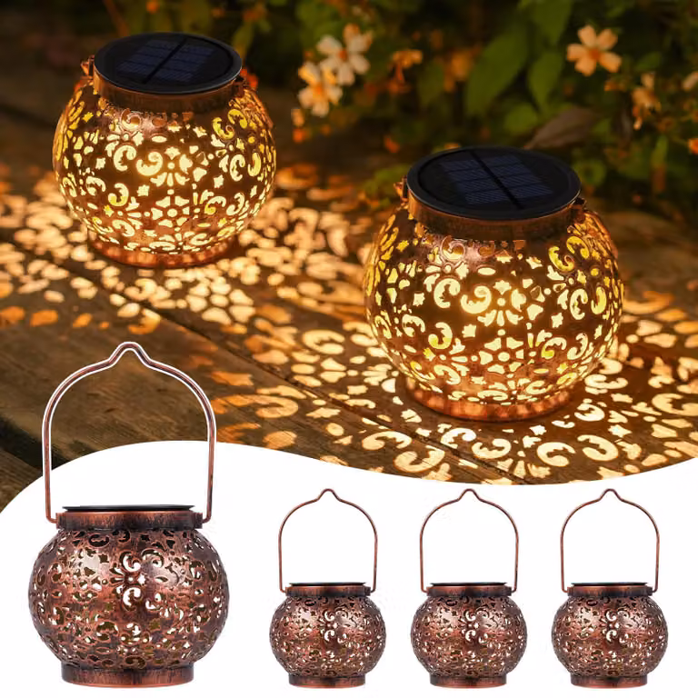Set di 4 lanterne solari, grado di protezione IP65, in metallo, stile orientale, luce bianco caldo, adatte per essere appese o posizionate a terra