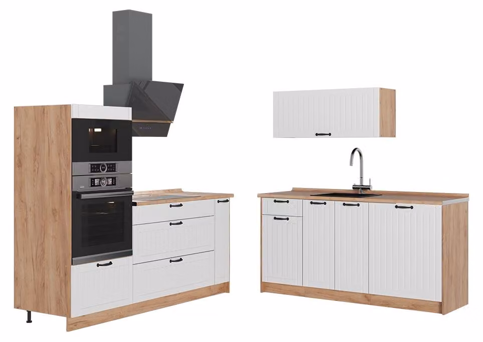 Cucina Vicco Fame-Line Bianco rustico/Rovere dorato 340 cm senza piano di lavoro, Model 63720