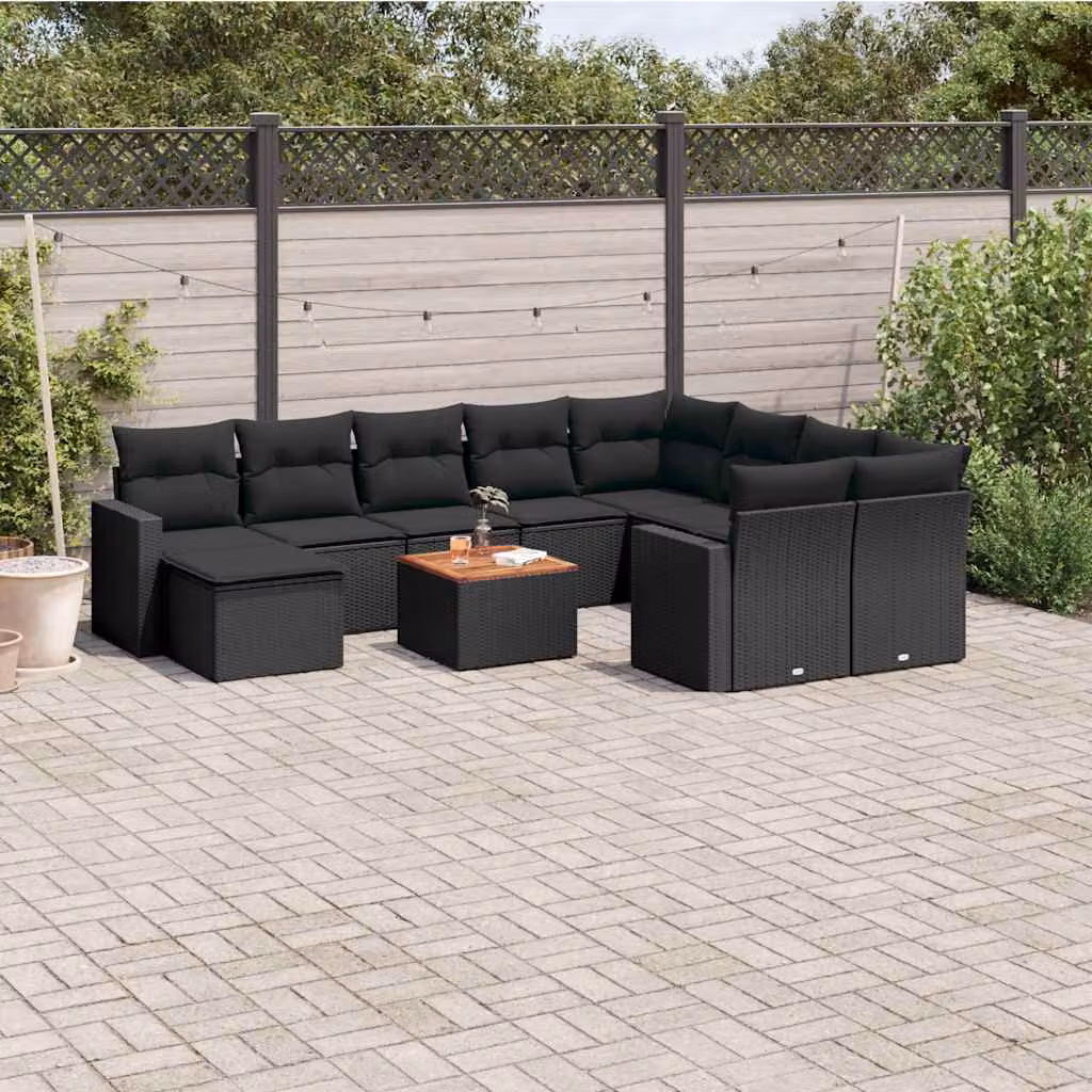 Set di divani da giardino vidaXL 11 pz in polyrattan nero con cuscini e tavolino da esterno a forma di L – 1