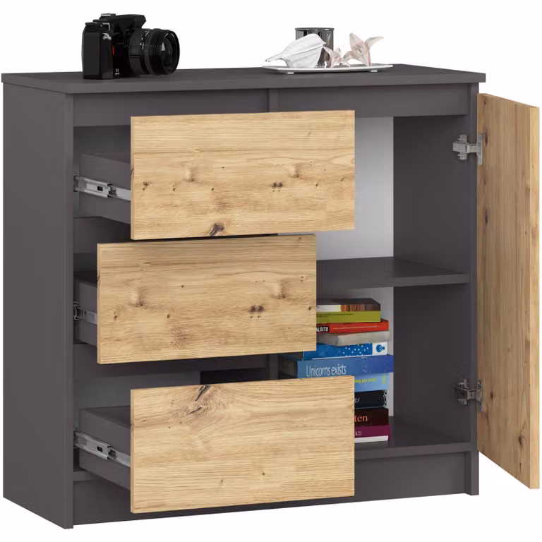 Comò da 80 cm con 3 cassetti e 1 anta, credenza, mobile da 77 cm di altezza