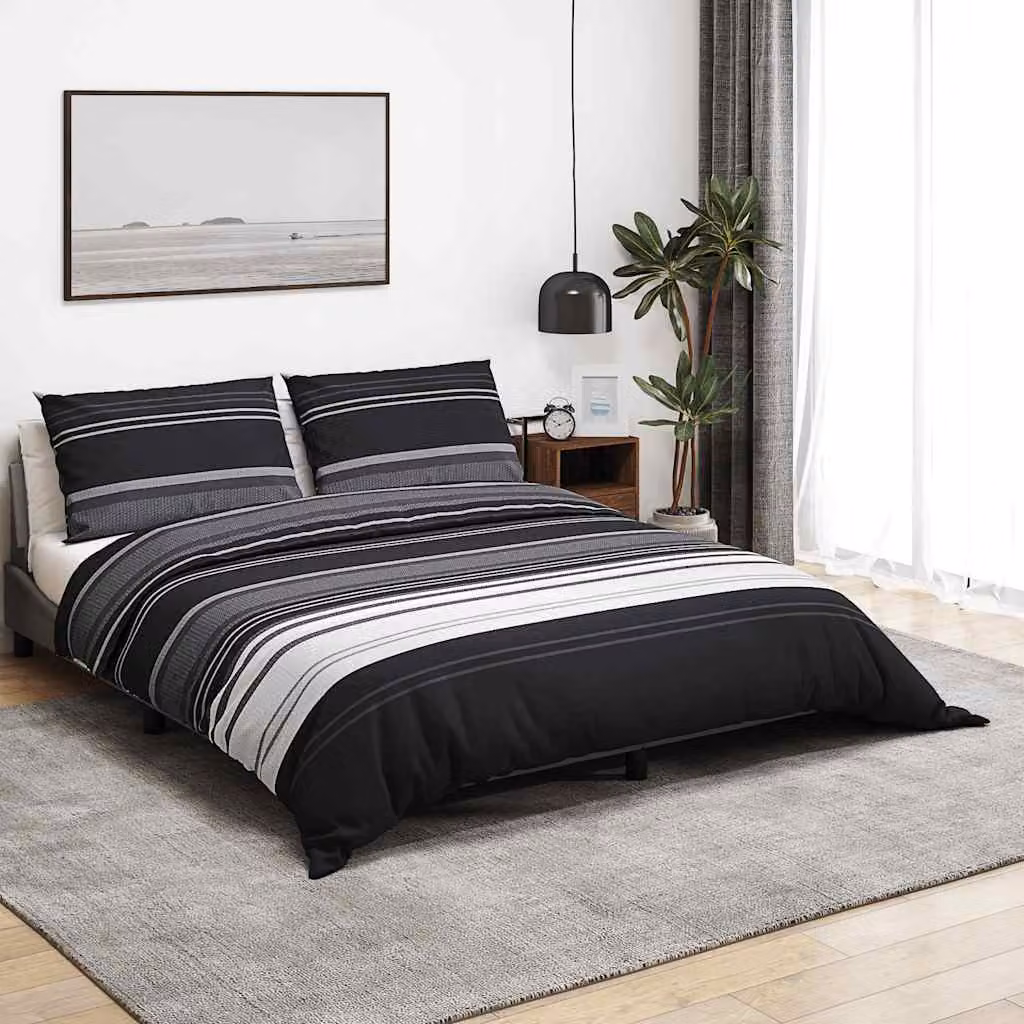 Set Copripiumino e Federe vidaXL a Strisce Nere in Cotone, L 200 x P 200 cm e 80 x 80 cm