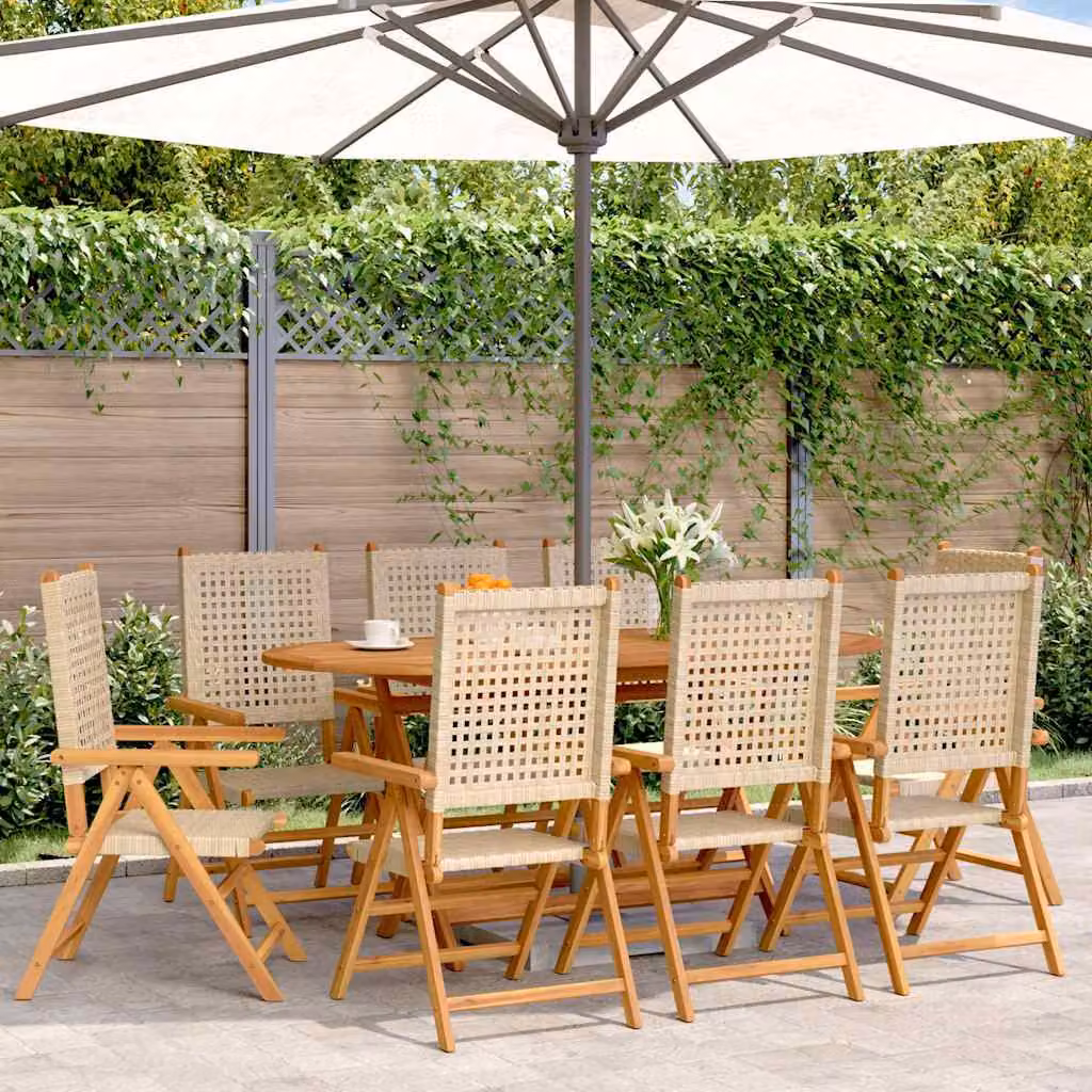 Set di 8 sedie da giardino reclinabili vidaXL in polyrattan beige e legno di acacia oliato con braccioli – 1