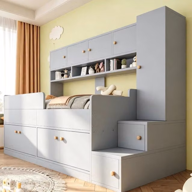 Letto per bambini 90x200 cm con scala contenitore; armadio; LED e sponde; grigio