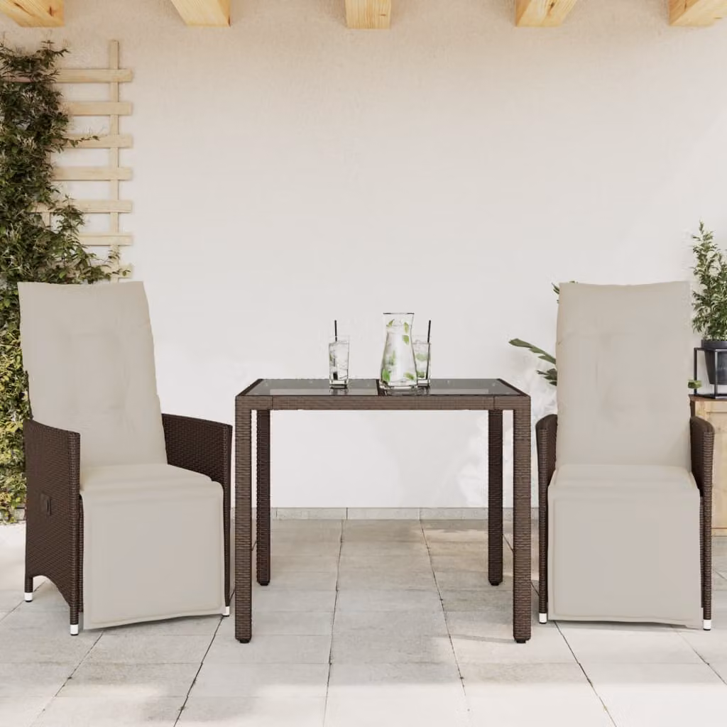 Set Bistrò da Giardino e Balcone 3 pz vidaXL in Polyrattan Marrone con Piano in Vetro e Cuscini Bianchi