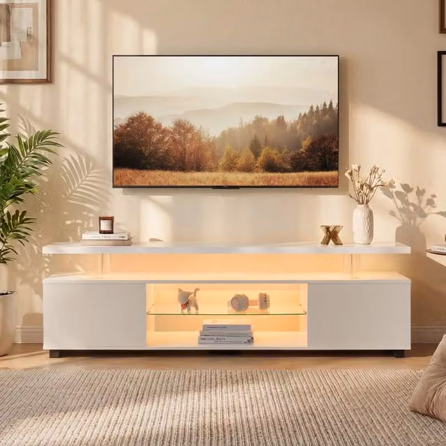 Mobile TV XYLO Bianco con Vetrina Laterale e Illuminazione Integrata per TV fino a 60 Pollici, L: 130 cm, P: 40 cm, H: 48 cm