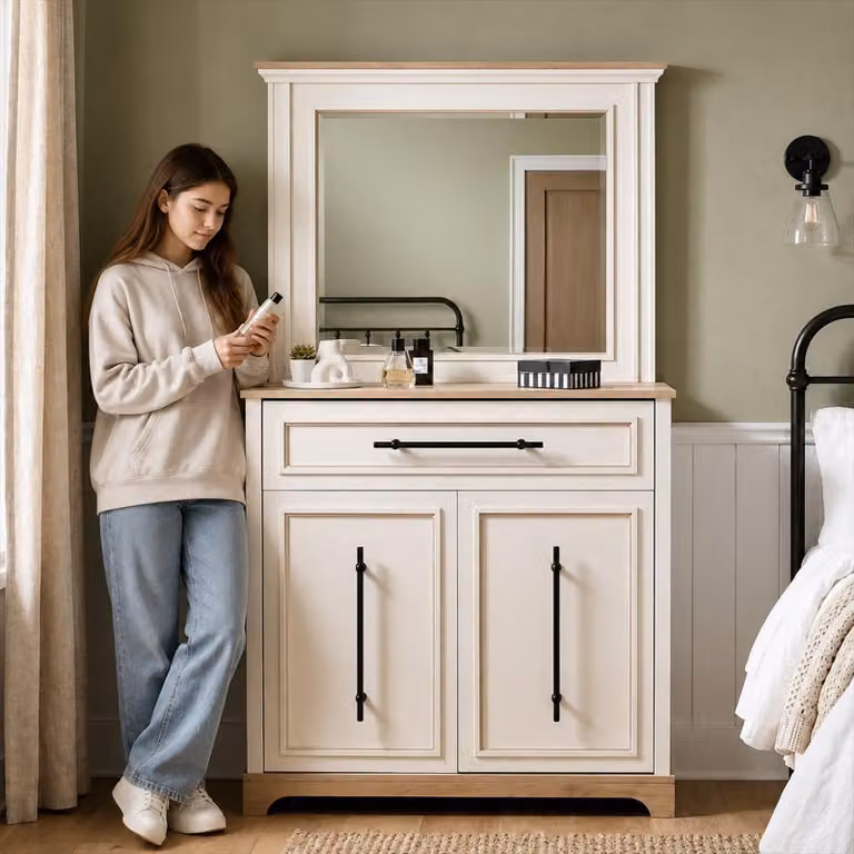Kommode Sideboard Beige Holz Spiegel Schublade Türen Modern Stauraum