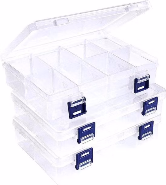 Organizzatore in plastica trasparente con coperchio e cassetti regolabili impilabile