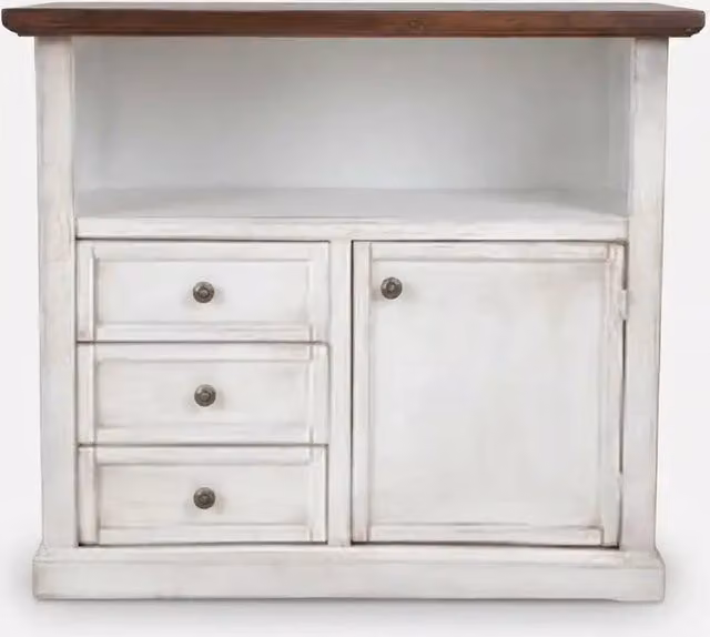 Mobile Porta tv Shabby chic bicolore bianco anticato e noce anta telaio, 1 anta 3 cassetti 1 vano