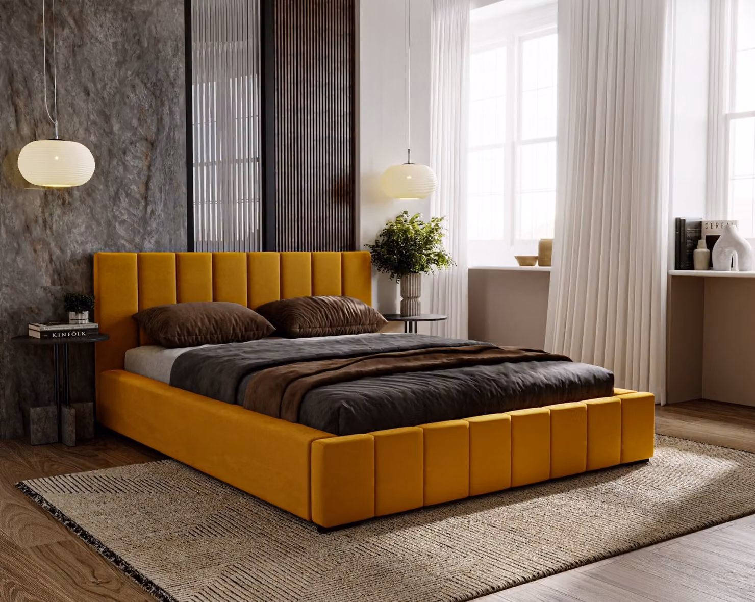 Letto imbottito Nero con materasso a molle insacchettate Salsa incluso, 160x200 cm, letto matrimoniale con contenitore e rete a doghe in legno, tessuto in velluto: giallo
