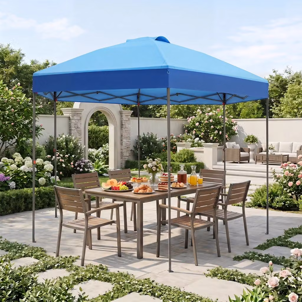 Gazebo pop-up pieghevole da giardino blu con altezza regolabile, picchetti e corde, L/P: 360 x 360 cm – 2