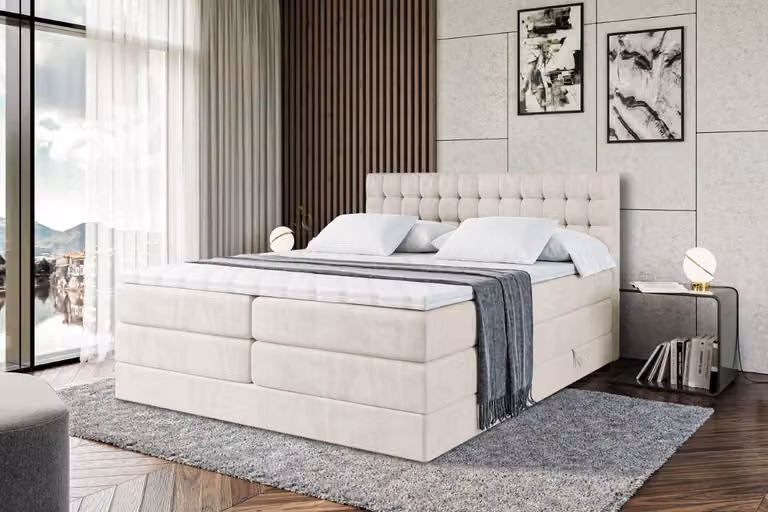 Letto boxspring ALTDECOR con materasso e rete a doghe - VIONE KING - 200x200 cm - Velluto beige - Topper, letto imbottito con contenitore, letto con vano portaoggetti H3 e H4 - Materasso, letto matrimoniale, letto boxspring