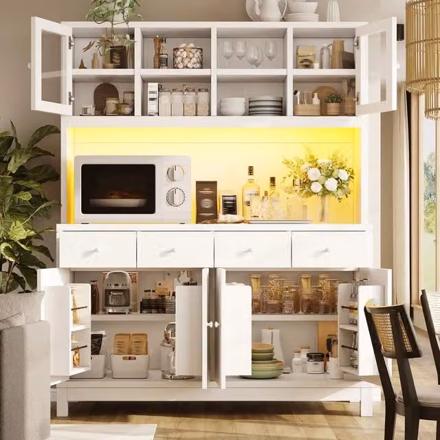 Mobile Buffet con Luci RGB e Ante in Vetro ¨C Minimal ¨C Effetto Legno Naturale, 4 Cassetti, 140x38.5x180cm