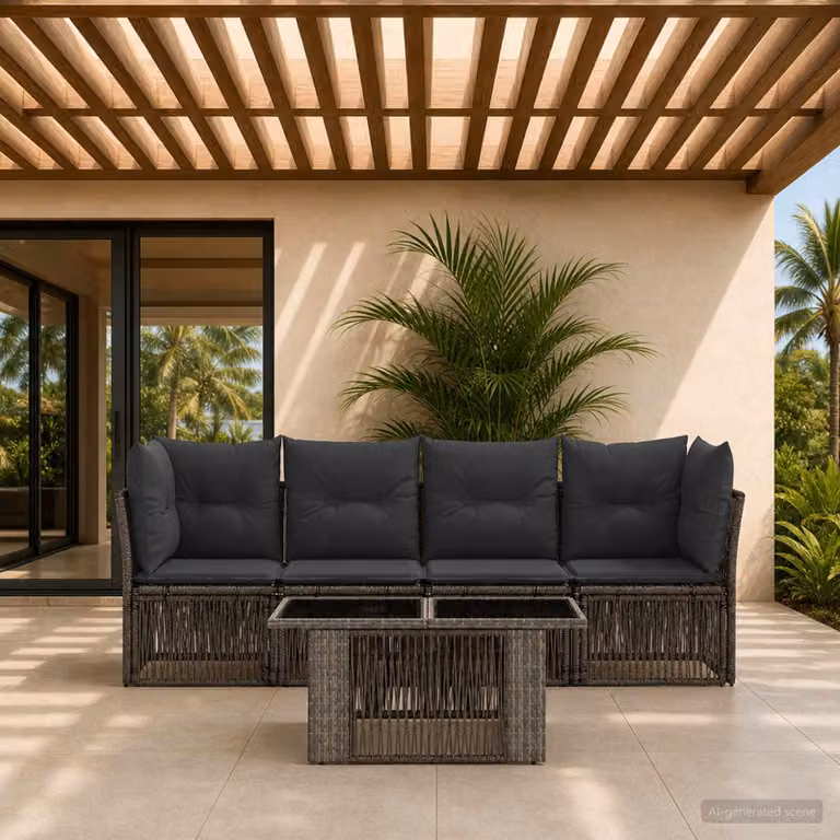 Set Divano da Giardino vidaXL 5 Pezzi in Polyrattan Grigio con Tavolino e Cuscini Imbottiti