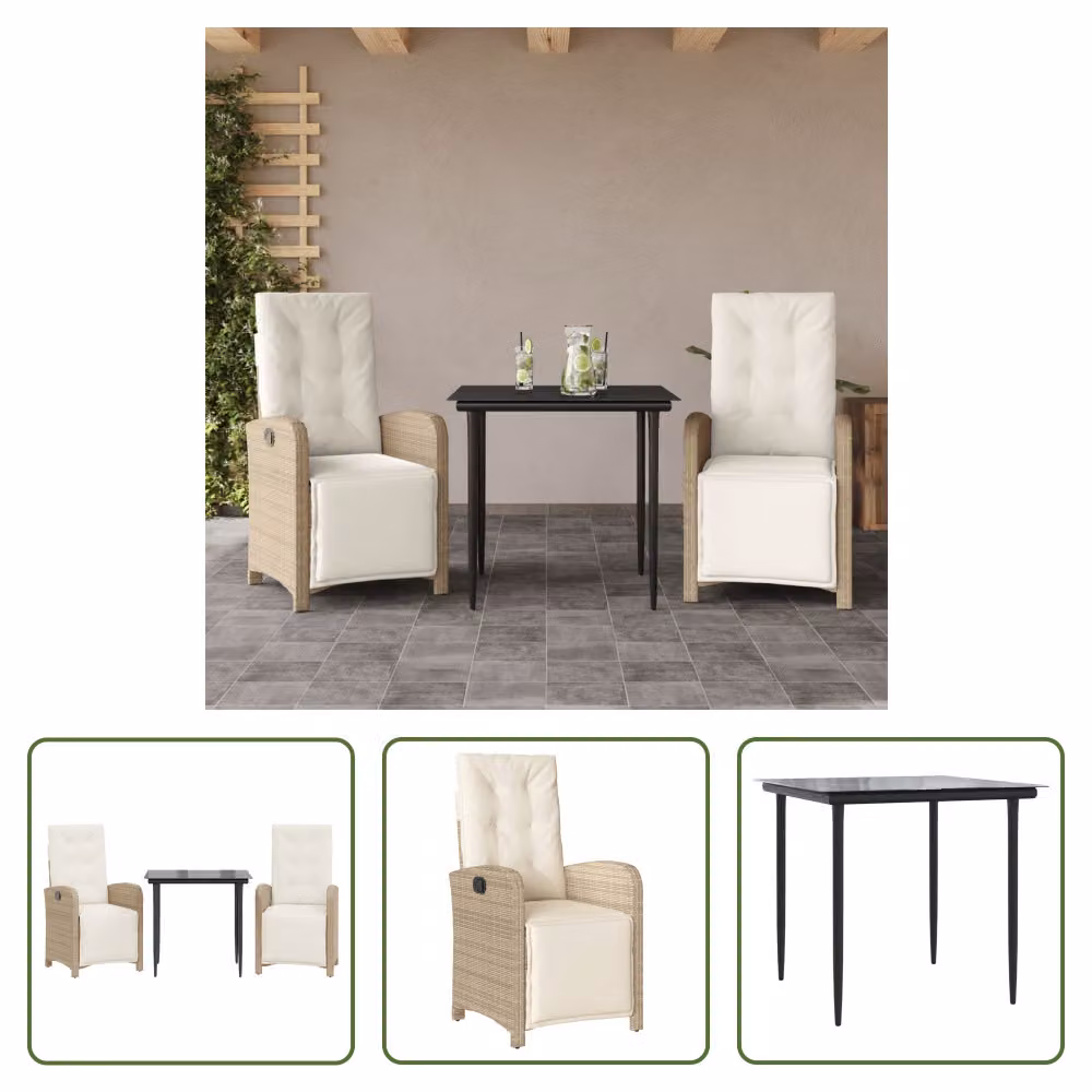 The Living Store Set da bistrot 3 pezzi con cuscini Beige poly rattan