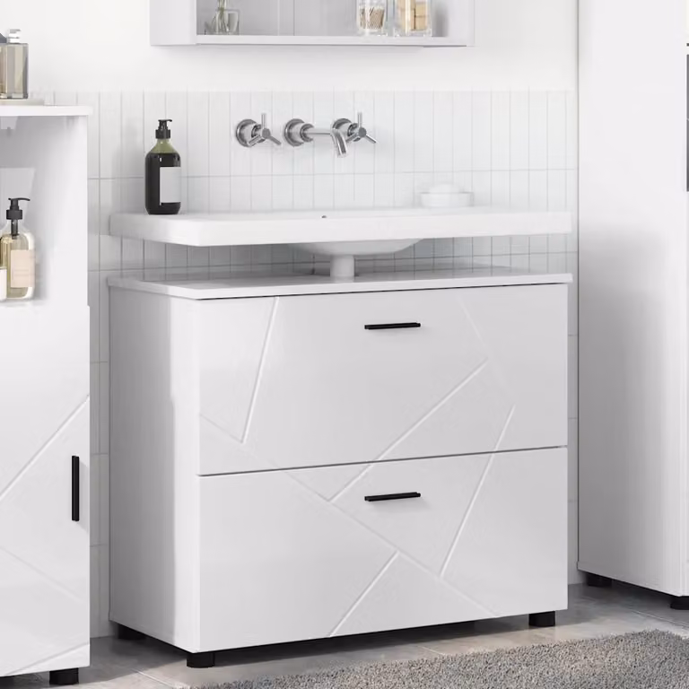 Mobile da bagno vidaXL moderno con cassetti e ante, Bianco Lucido, L: 76,5 cm, P: 35 cm, H: 64 cm