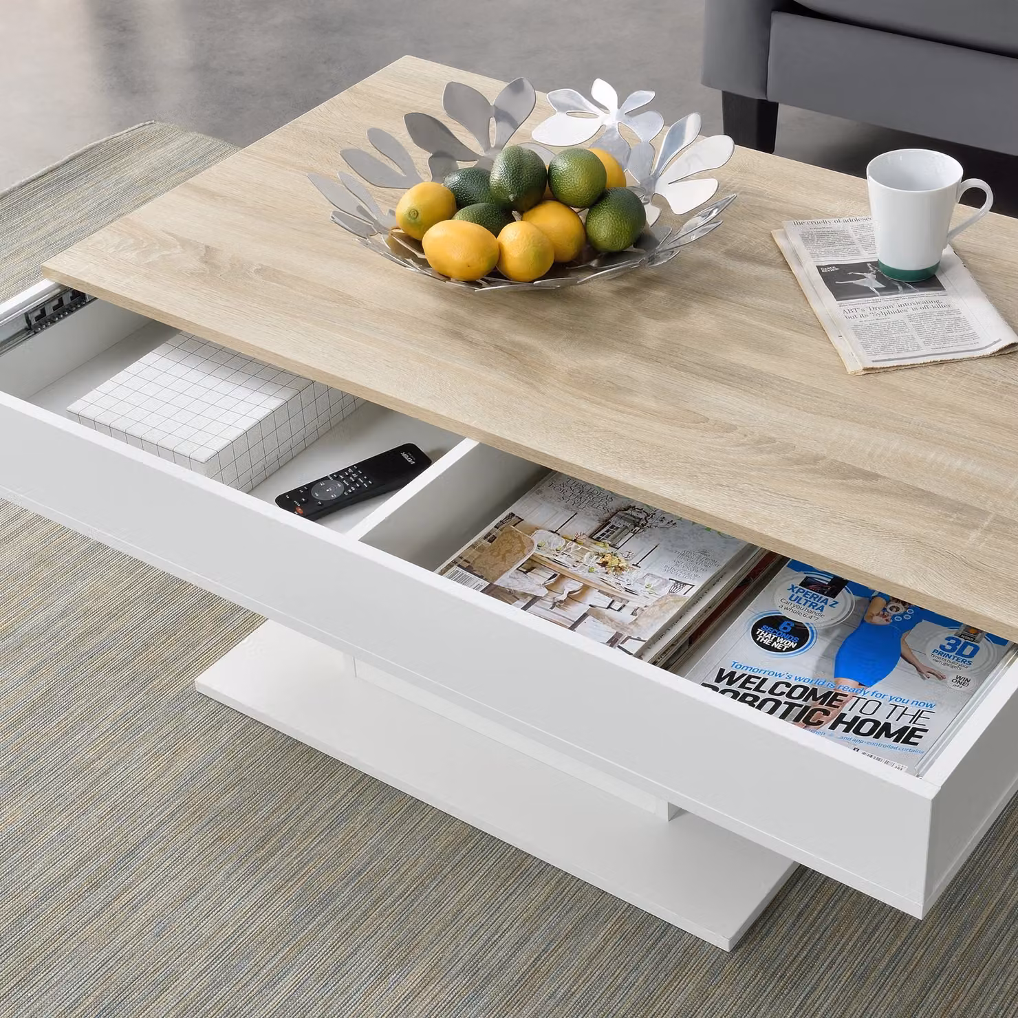In And OutdoorMatch Turner tavolino - Con spazio di archiviazione - 110 x 60 x 40 cm - Rovere e bianco - Truciolato - Design elegante