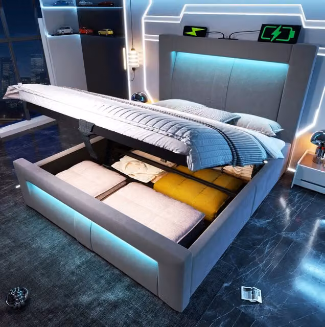 Letto singolo moderno con contenitore idraulico in velluto grigio, dotato di illuminazione LED, porte USB/Type-C e materasso incluso, dimensioni 90 x 200 cm