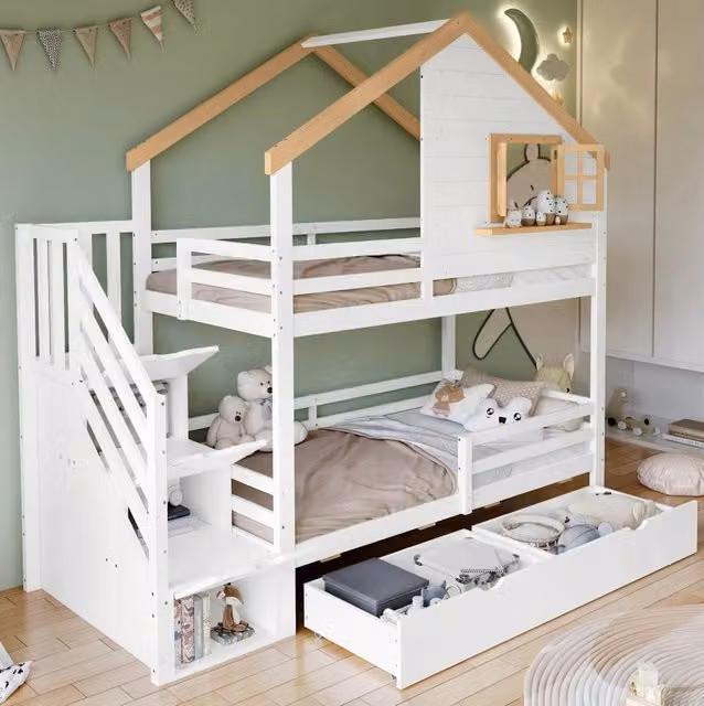 Letto a castello ULEVR 90x200 cm con scala con cassetti, 2 cassetti su ruote e finestra apribile, bianco naturale
