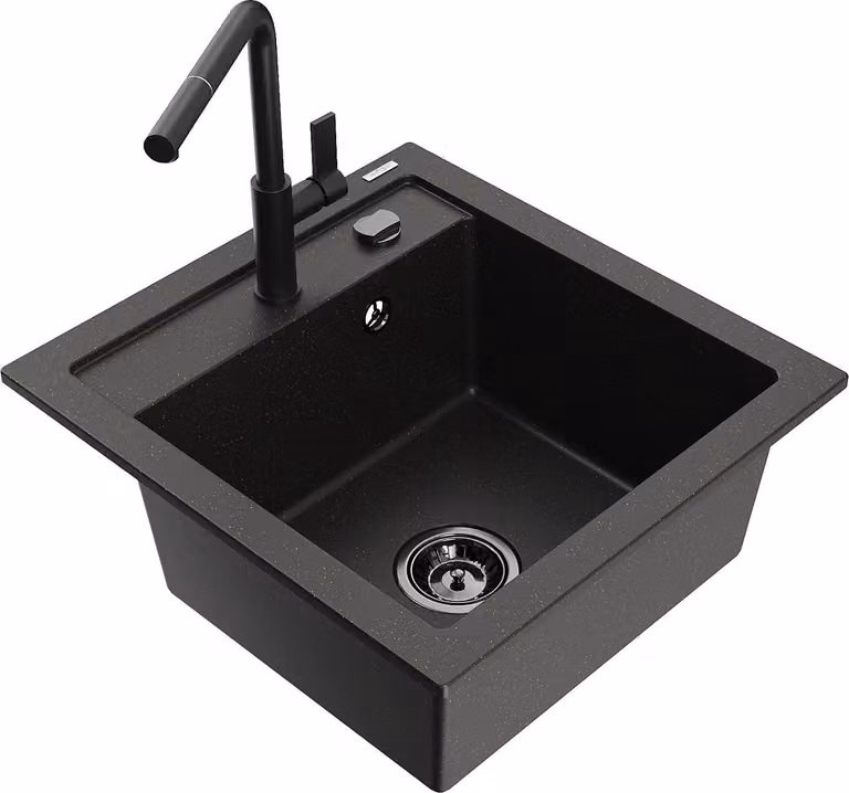 Mexen Vito lavello in granito a 1 vasca con rubinetto da cucina Flora, nero/oro metallizzato - 6503-75-670401-70-B