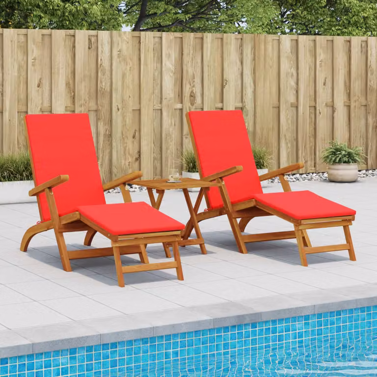 Set di 3 lettini prendisole reclinabili e pieghevoli vidaXL in legno di acacia rosso e marrone