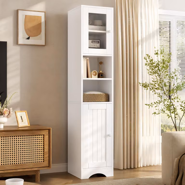 MODFU, mobiletto alto da 160 cm, libreria stretta con porta in vetro e ripiani aperti, mobiletto a colonna con vano chiuso, mobiletto aggiuntivo bianco