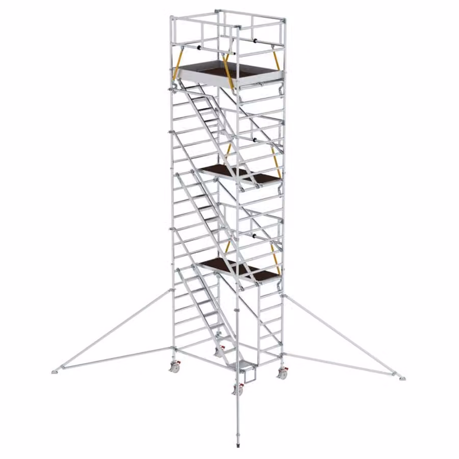 Ponteggio mobile SG 1,35 x 1,80 m con scale inclinate e bracci di sostegno; altezza della piattaforma 6,43 m