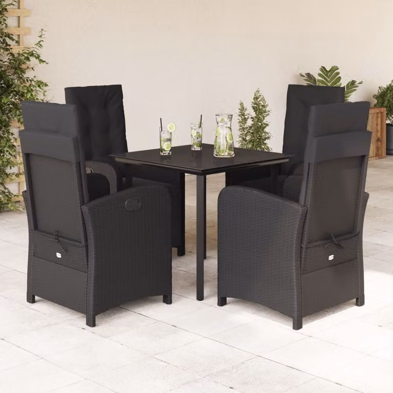Set da Pranzo da Giardino vidaXL 5 pz in Polyrattan Nero con Cuscini e Tavolo in Vetro