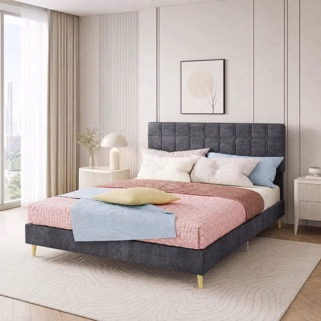 Letto con testiera imbottita a quadri 205×140×104 cm in velluto grigio