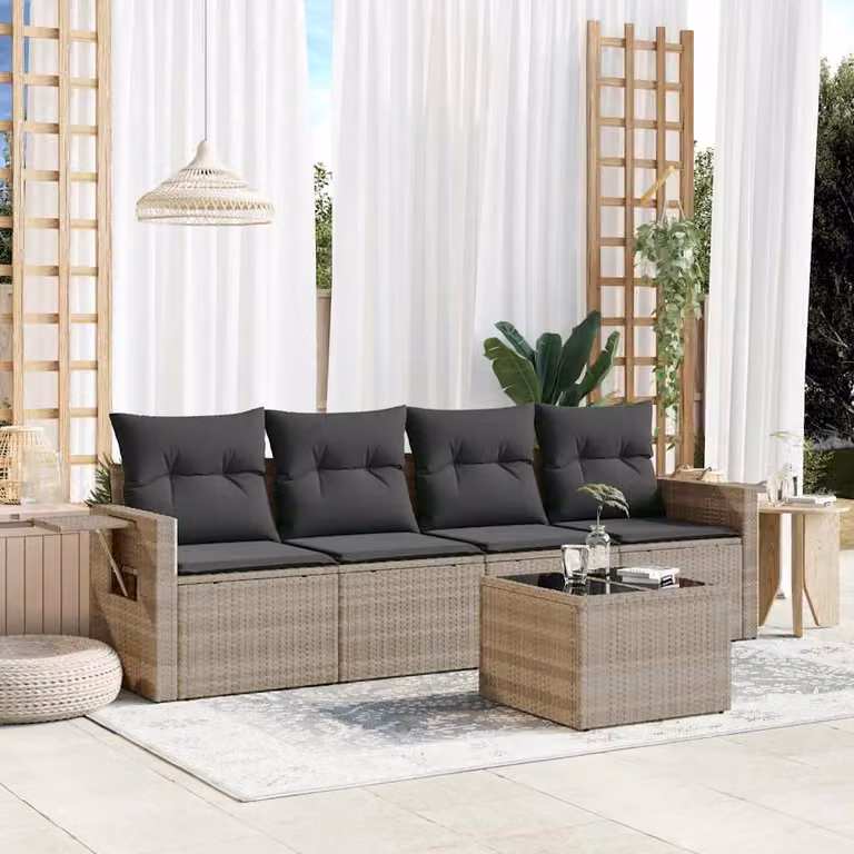 Set Divano da Giardino vidaXL 5 Pezzi in Polyrattan con Cuscini Grigio Chiaro e Tavolino