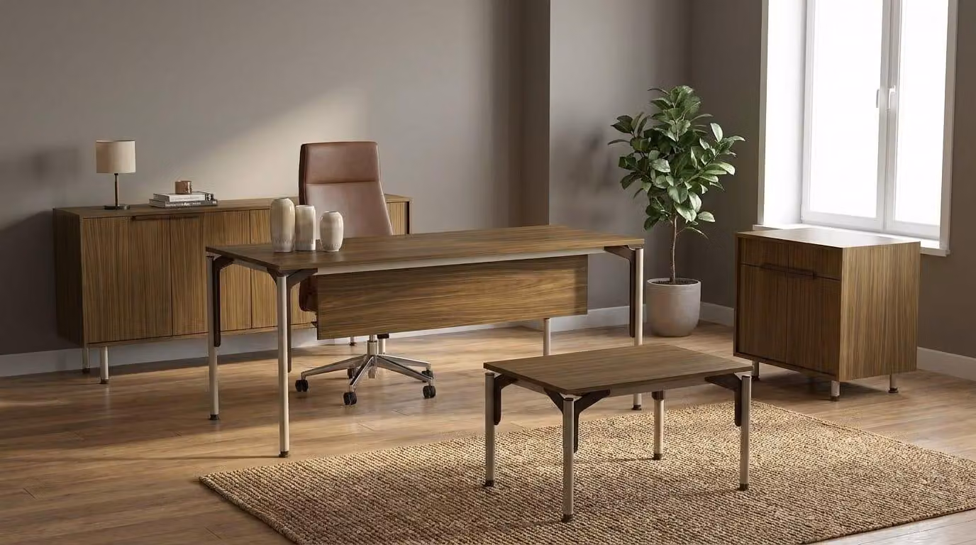 Set da scrivania marrone, design moderno, completo di mobili per l'ufficio