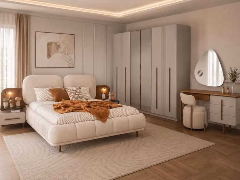 Set per camera da letto: letto, armadio, tavolino da trucco, poggiapiedi. Design moderno