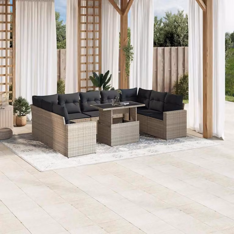 vidaXL Set Divano da Giardino 10 Pezzi a Forma di L in Polyrattan con Cuscini Grigio Antracite e Tavolino