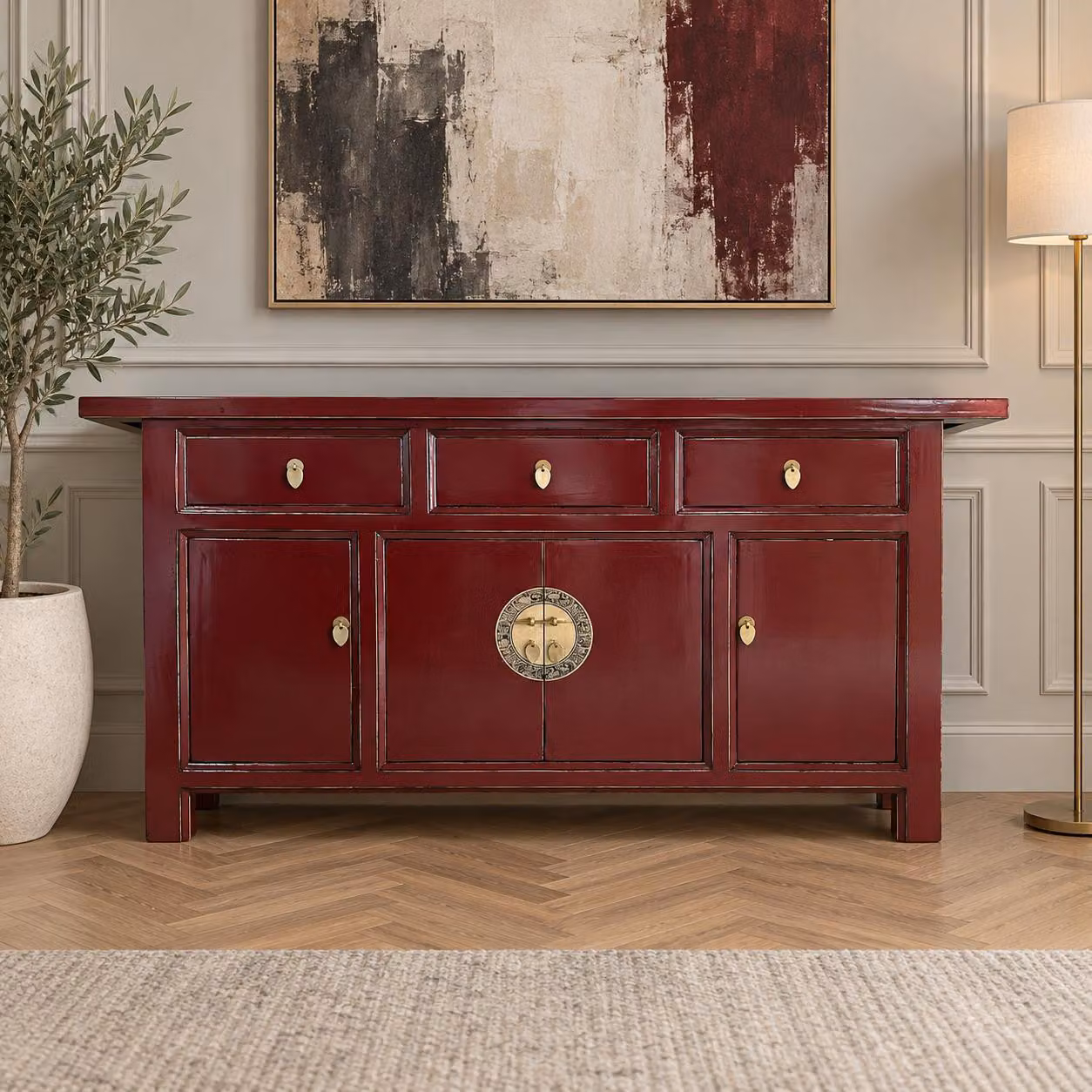 Mobiletto contenitore, credenza, basso mobile, stile asiatico, completo di montaggio, di ispirazione cinese, asiatica, orientale, color rosso scarlatto, buffet, mobiletto da portata, stile vintage
