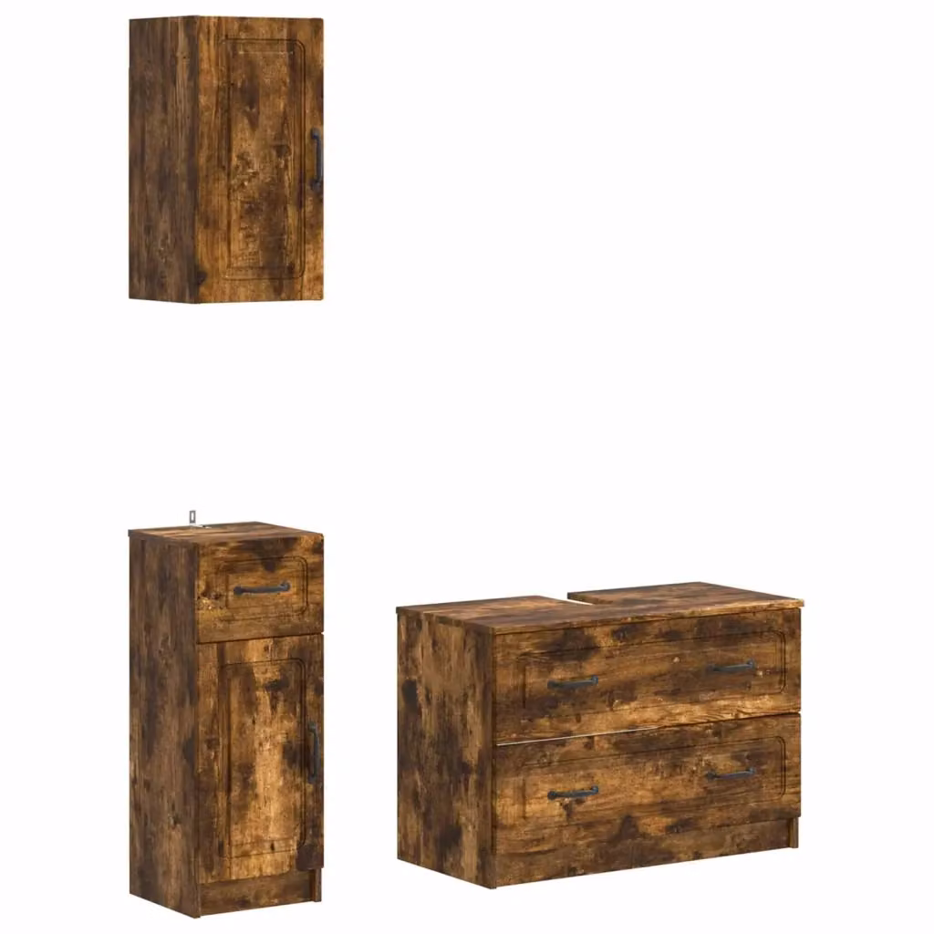 Set di mobili da bagno vidaXL in 3 pezzi in legno Rovere, colore marrone opaco, stile minimalista con base lavabo e pensili a muro – 2