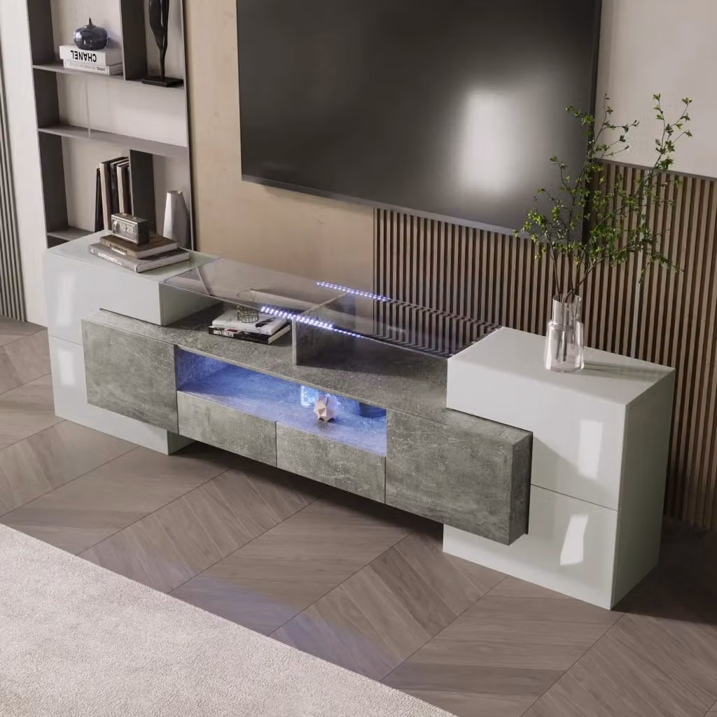 Mobile TV Mivray moderno in bianco lucido con 6 ante, 2 cassetti, 3 vani e illuminazione LED integrata, L/P/H: 200 x 35 x 60 cm – 2