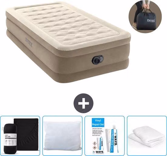 Intex Airbed - 1 persona - 99 x 191 x 46 cm - Beige - Con pompa incorporata, lenzuolo nero, cuscino, federe Molton 2 in 1 e set di riparazione