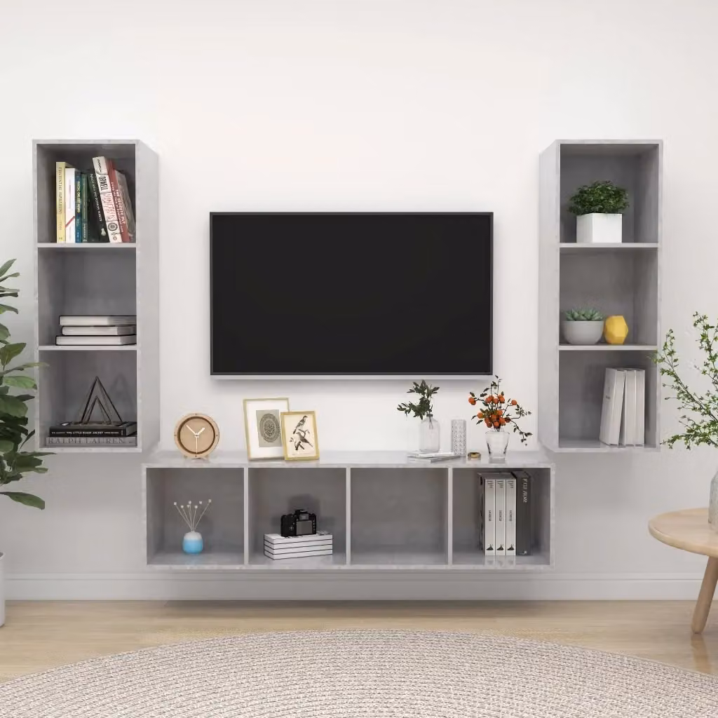 Set di 3 pezzi Mobile Porta TV Moderno Grigio con Compartimenti Media in MDF e Legno, sospeso, L: 142,5 cm, P: 37 cm, H: 37 cm – 2