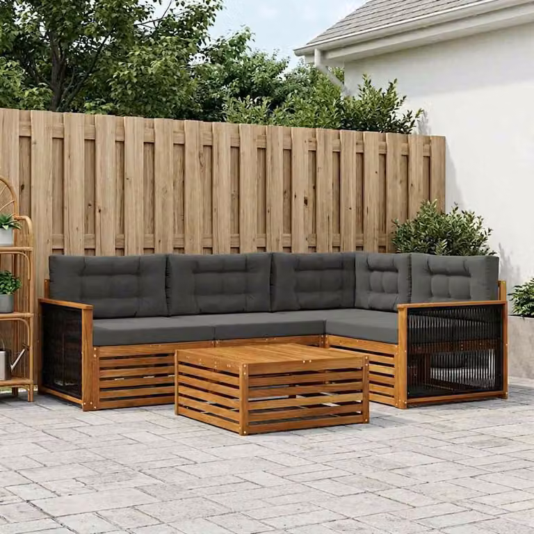 Set di divani da esterno vidaXL 5 pezzi in legno di acacia con tavolo da caffè, composizione a L con cuscini inclusi, colori beige e antracite