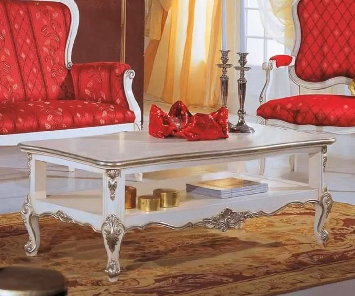 Casa Padrino tavolino barocco bianco / argento - Nobile tavolino da salotto in stile barocco - Mobili da salotto in stile barocco - Qualità eccellente - Italy