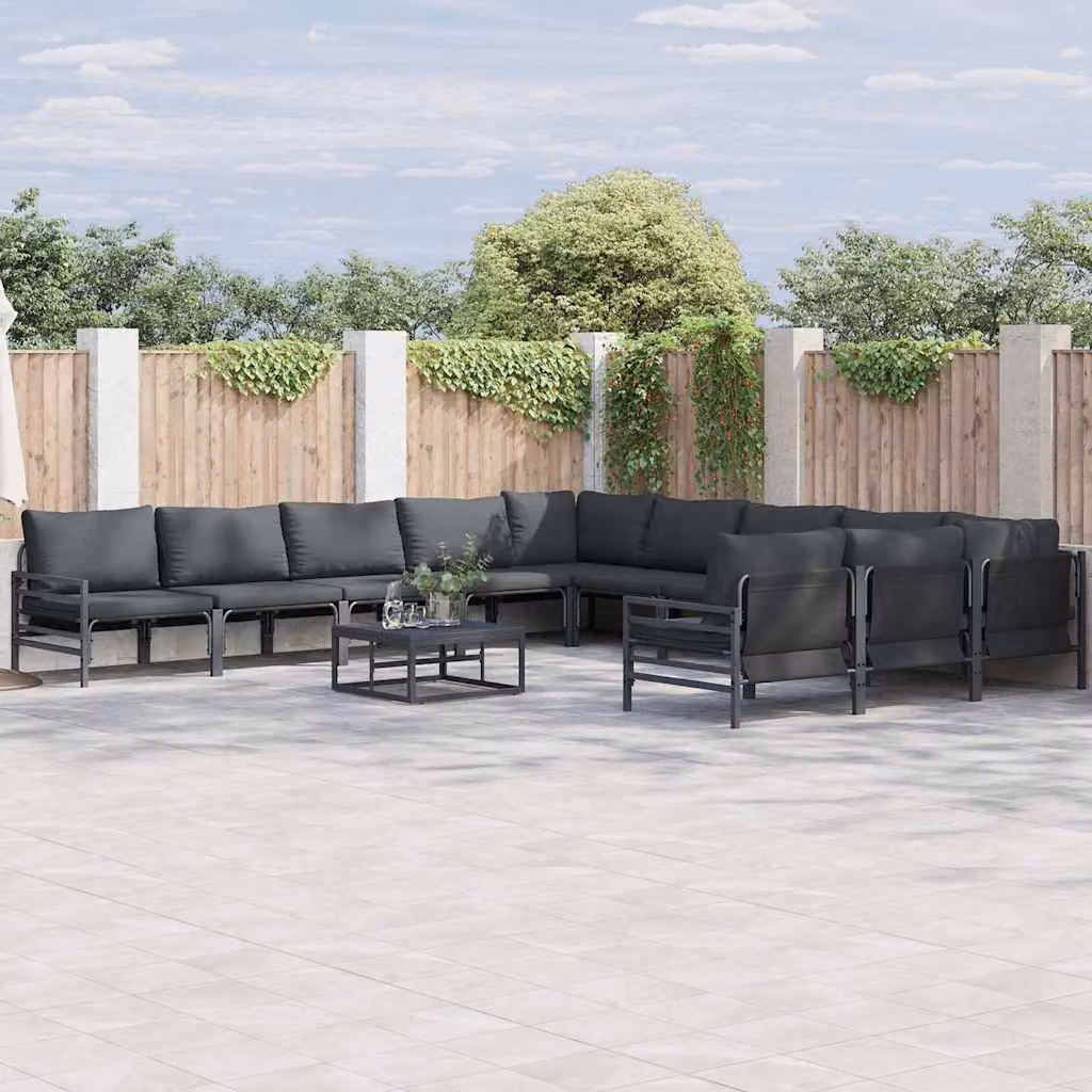 Set Divano da Giardino a L vidaXL 11 pz Antracite con Cuscini in Tessuto e Struttura in Acciaio Verniciato a Polvere