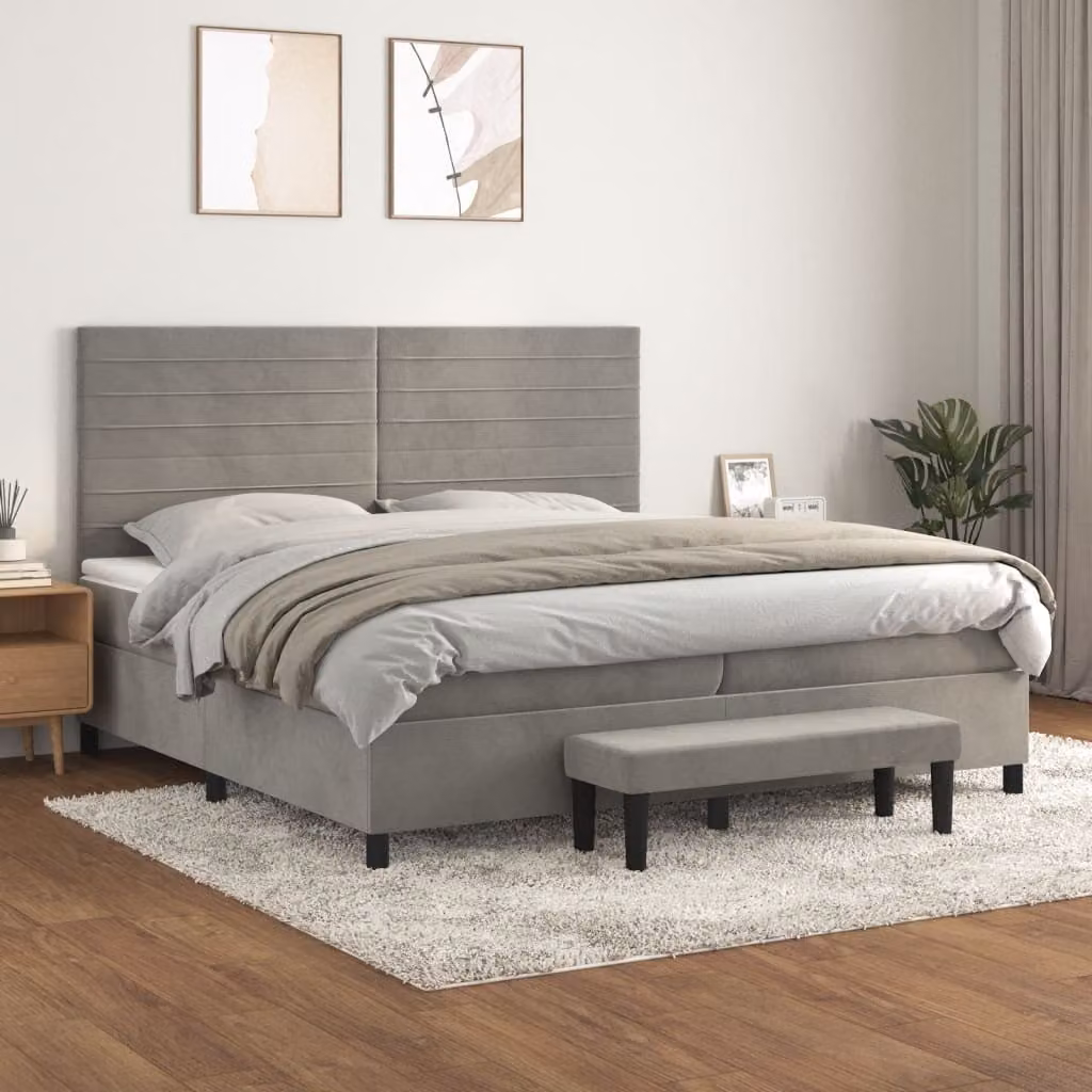 The Living Store Letto a molle con materasso grigio chiaro 200x200 cm in velluto