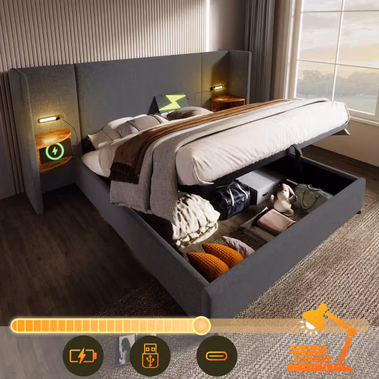 okwish Letto imbottito Letto matrimoniale Letto contenitore idraulico 160×200 con comodino, lampada da lettura e funzione di ricarica USB Type-C, Grigio, Senza materasso