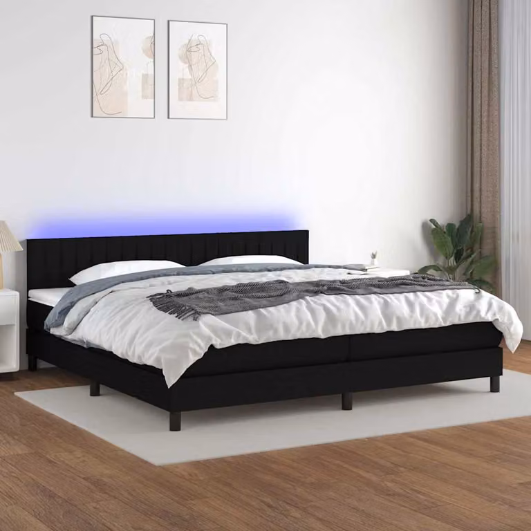 Letto a molle vidaXL con materasso, illuminazione LED sottostante e porta USB, rivestimento in tessuto nero, L/P: 200 x 200 cm