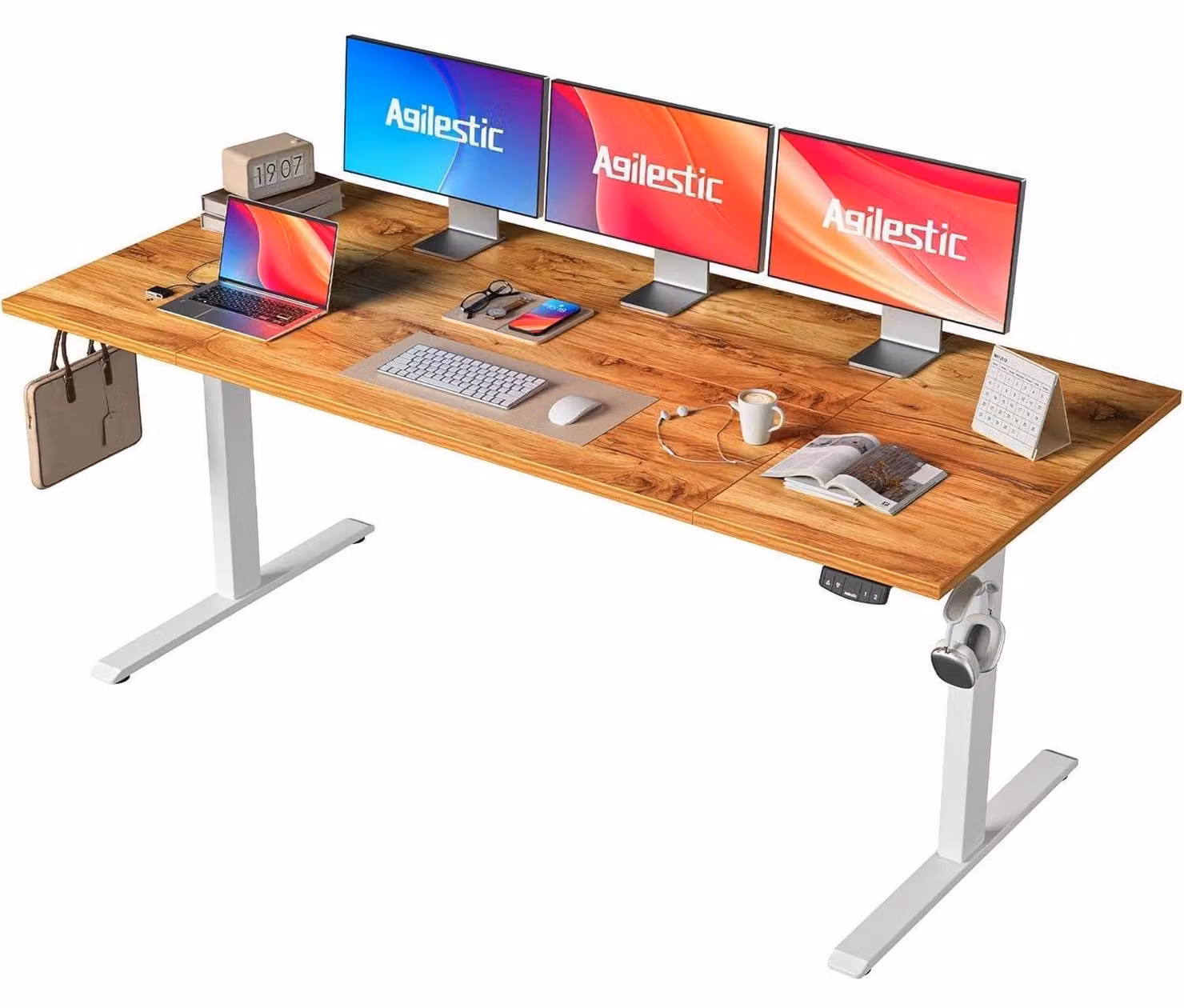 Scrivania regolabile in altezza, dimensioni 180 x 80 cm, con sistema elettrico e funzione di memoria, colore marrone chiaro