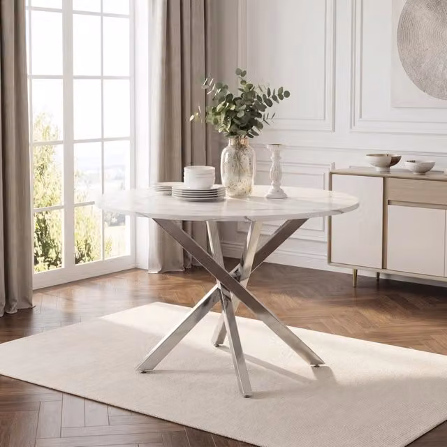 Tavolo da pranzo rotondo 80 cm in MDF e metallo con piano bianco effetto marmo e gambe cromate argento