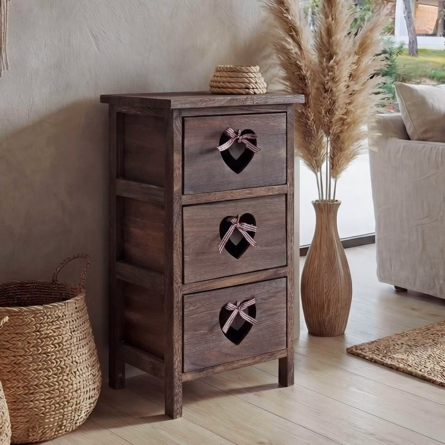 Cassettiera Forli, mobile, 3 cassetti con cuori 55x29x25cm, look shabby, vintage ~ marrone