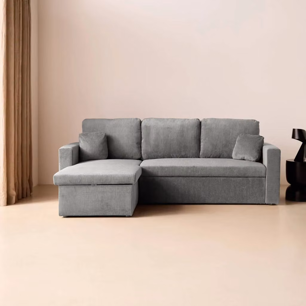 Divano letto angolare reversibile Sweeek in velluto a coste grigio, 3 posti con cuscini inclusi e contenitore estraibile, L/P/H: 219 x 84 x 81 cm, materasso 120 x 200 cm – 2