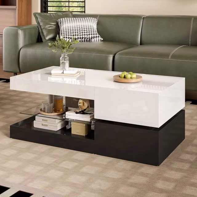 Tavolino basso con LED integrato via app e Bluetooth ripiano in vetro finitura lucida nero e bianco 90 × 45 × 35,5 cm