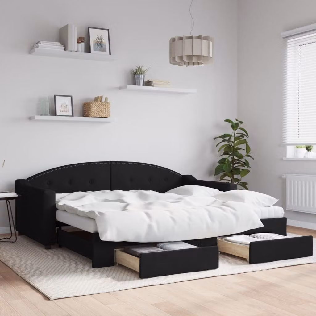vidaXL Divano Letto Estraibile con Cassetti in Tessuto Nero L/P/H: 90 x 190 cm