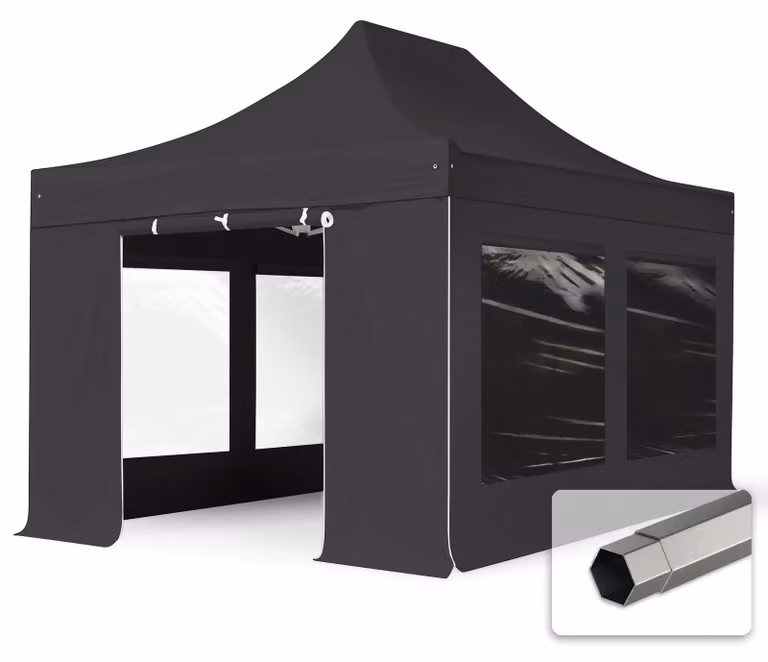 TOOLPORT 3x4,5 m gazebo pieghevole PVC con laterali (finestre panoramiche), PREMIUM acciaio, nero